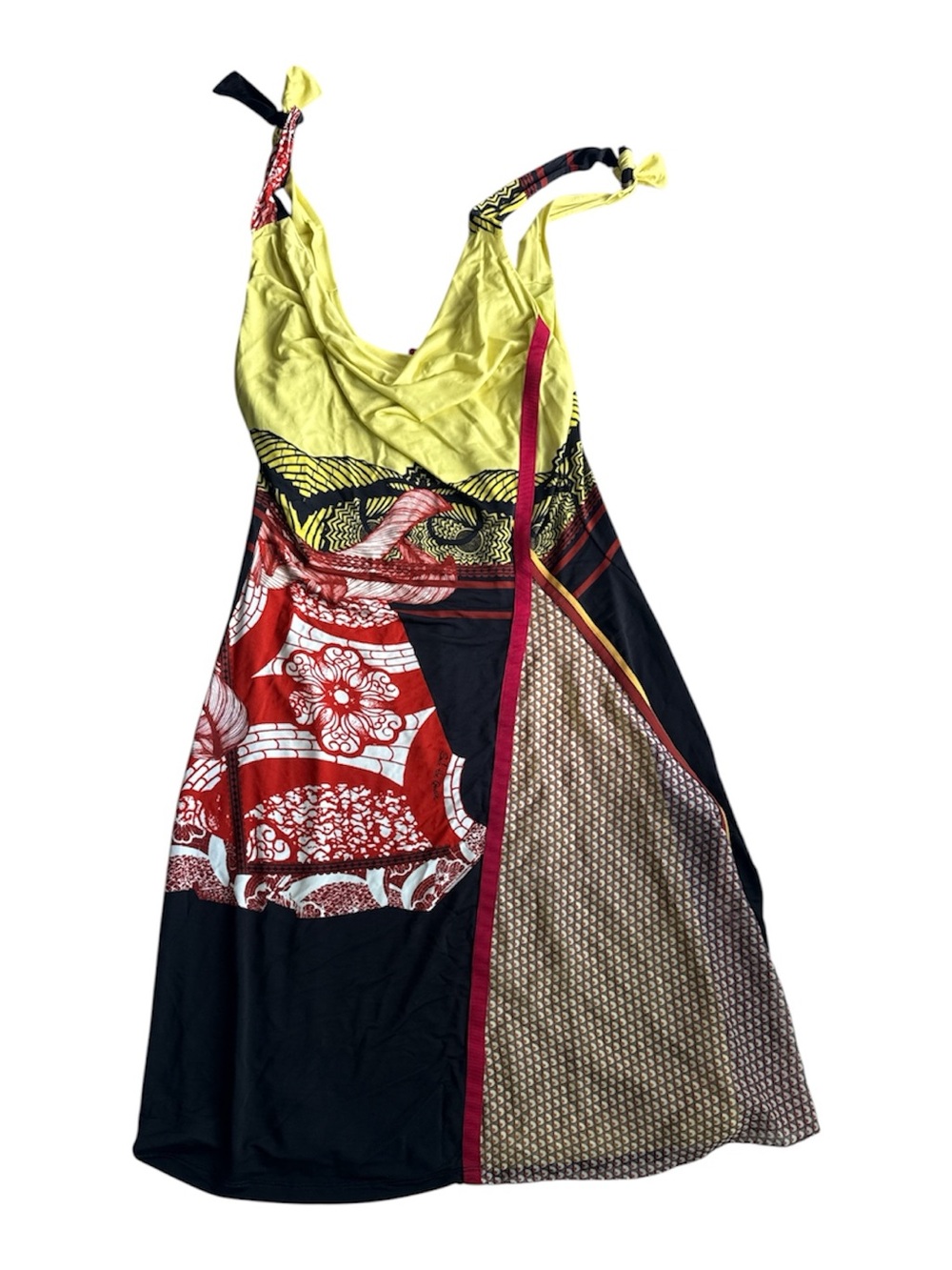 Save the Queen Italy Scarf Print Halter Midi Dress Colorblock Boho Y2K Sz L - Picture 2 of 7